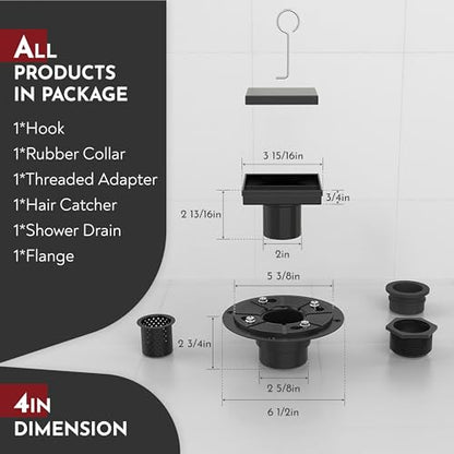 4 Inch Square Shower Drain Black Floor Drain with Flange Reversible 2-in-1 Cover Tile Insert Grate Removable SUS304 Stainless Steel CUPC Certified Matte Black - color: Matte Black, size: 4 Inch