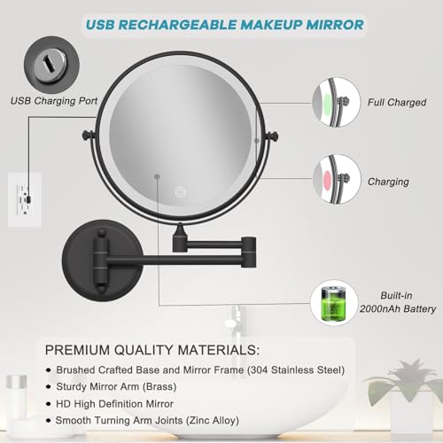 8" Lighted Wall Mounted Makeup Magnifying Mirror 10X, Matte Black | Rechargeable Brass 2-Sided Bathroom Vanity, Swivel Extension Arm 360 Rotation, 3 Color Adustable Touch Sensor Dimmable