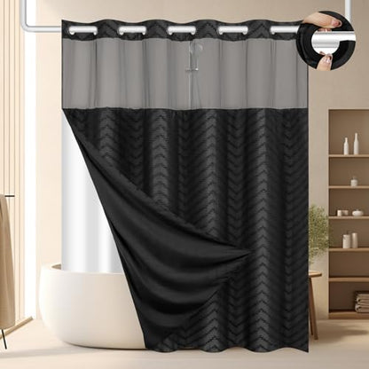 FADOTY Black No Hook Shower Curtain Set with Snap in Liner, 71'' x 74'' | Bathroom Hotel Fabric Curtain, Waterproof Washable Liner, See Through Top Window, Ringless Chevron Tufted Cloth Curtain - color: Black, size: 71"W x 74"L (Pack of 1)