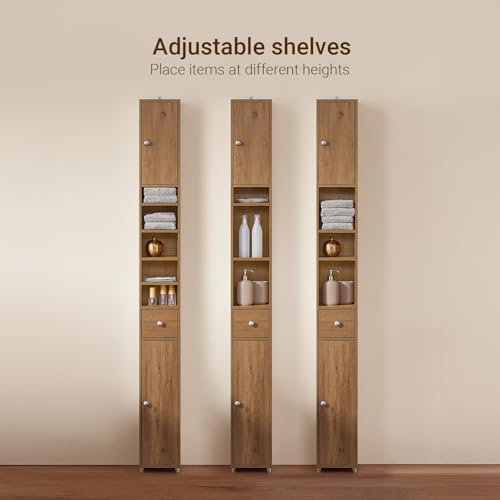 SoBuy Bathroom Narrow Storage Cabinet Skinny Tall Unit with Adjustable Shelves Slender Anti-Tipping Floor Standing Cupboard, Natural BZR34-PF | Slim Freestanding Cupboard Bathroom Storage Unit with Drawer, Compact Water-Resistant Design, Natural 20x20x180