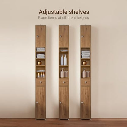 SoBuy Bathroom Narrow Storage Cabinet Skinny Tall Unit with Adjustable Shelves Slender Anti-Tipping Floor Standing Cupboard, Natural BZR34-PF | Slim Freestanding Cupboard Bathroom Storage Unit with Drawer, Compact Water-Resistant Design, Natural 20x20x180