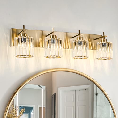 Modern Crystal Bathroom Vanity Lights, Gold 4-Lights Bathroom Light Fixtures Over Mirror, Crystal Wall Lighting with Polished Gold Finish - color: Gold-Round Shade, size: 4-Light
