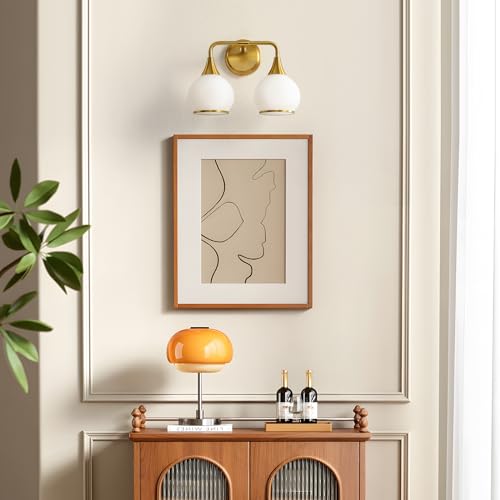 Brushed Gold Bathroom Light Fixtures 2-Lights Vanity Lights with Milky White Frosted Glass Shade Bathroom Vanity Light 14 inch Wall Sconce Lighting Bath(Exclude E26 Bulb) - color: Gold & Milky White, size: 2 Light