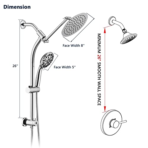 Rainfall 8 Inch Round Shower Head with High Pressure Handheld Spray Combo, Drill-Free Slide Bar with Adjustable Shower Extension Arm, 3-Way Low Diverter for Easy Reach, 5Ft Hose- Chrome - color: Chrome