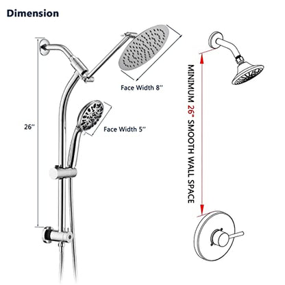 Rainfall 8 Inch Round Shower Head with High Pressure Handheld Spray Combo, Drill-Free Slide Bar with Adjustable Shower Extension Arm, 3-Way Low Diverter for Easy Reach, 5Ft Hose- Chrome - color: Chrome