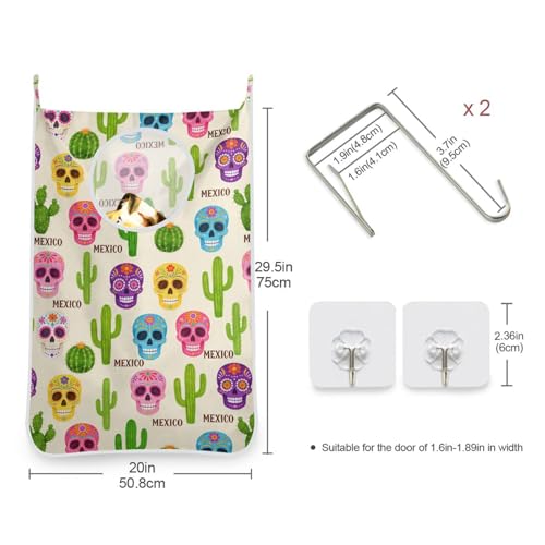 2PCS Hanging Laundry Hamper Bag Over the Door Laundry Hamper Wall Hamper Large Dirty Clothes Hamper with Stainless Steel Hooks 29.5x20Inch Beige Boho Mexico Skulls Cactus - color: Beige Boho Mexico Skulls Cactus, size: 2 PCS