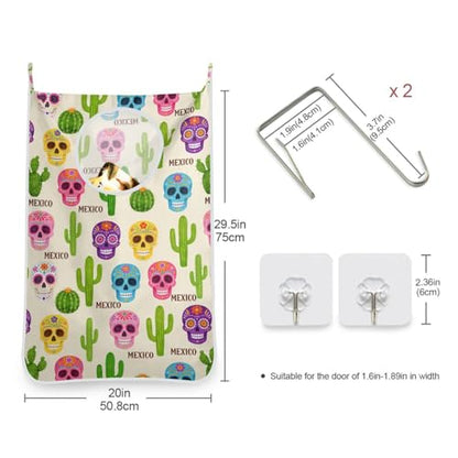 2PCS Hanging Laundry Hamper Bag Over the Door Laundry Hamper Wall Hamper Large Dirty Clothes Hamper with Stainless Steel Hooks 29.5x20Inch Beige Boho Mexico Skulls Cactus - color: Beige Boho Mexico Skulls Cactus, size: 2 PCS