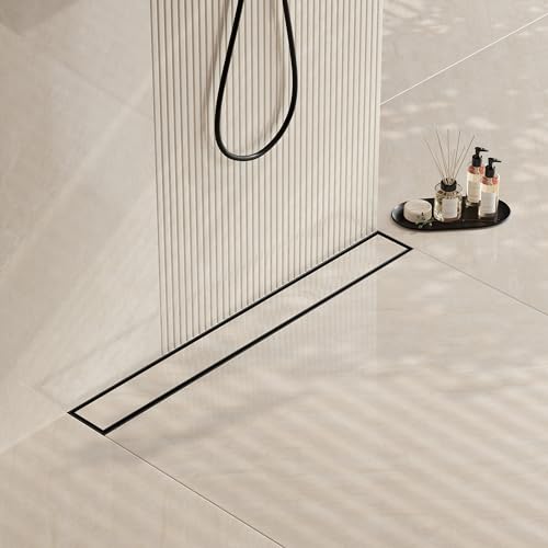 Neodrain 28" Matte Black Linear Shower Drain,2-in-1 Flat& Tile Insert Cover | 304 Stainless Steel,Fast Drainage, Durable,Rectangle Shower Floor Drain with Adjustable Feet,Hair Strainer,Fits Bathrooms - color: Matte Black, size: 28 In