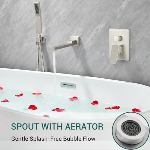 DASAN Swiveling Wall Mount Tub Filler Faucet Set with Hand Held Shower, Brushed Nickel Modern Creative Bathtub Faucet Wall Mounted Bath Tub Faucet with High Flow Rough in Valve, SA-TF05WH-BN - color: Brushed Nickel