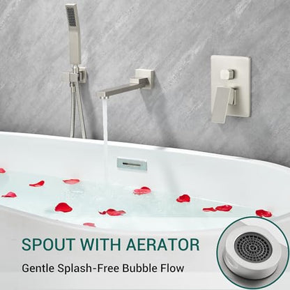 DASAN Swiveling Wall Mount Tub Filler Faucet Set with Hand Held Shower, Brushed Nickel Modern Creative Bathtub Faucet Wall Mounted Bath Tub Faucet with High Flow Rough in Valve, SA-TF05WH-BN - color: Brushed Nickel