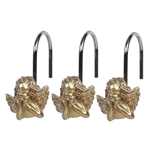 Twofish Home Golden Angel Shower Curtain Hooks Anti Rust Shower Curtain Hooks Decorative Resin Golden Angel Shower Curtain Rings Set of 12 - color: Golden Angel-1
