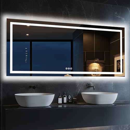 Antok 60x28 LED Bathroom Mirror with Lights, Backlit + Front Lit Vanity Mirror with CRI>90, Dimmable Anti-Fog Smart Mirror with Memory Function, 11 Color Temperatures, Shatterproof Tempered Glass, ETL - color: Multi (Rgb 11 Light Modes), size: 60"L x 28"W