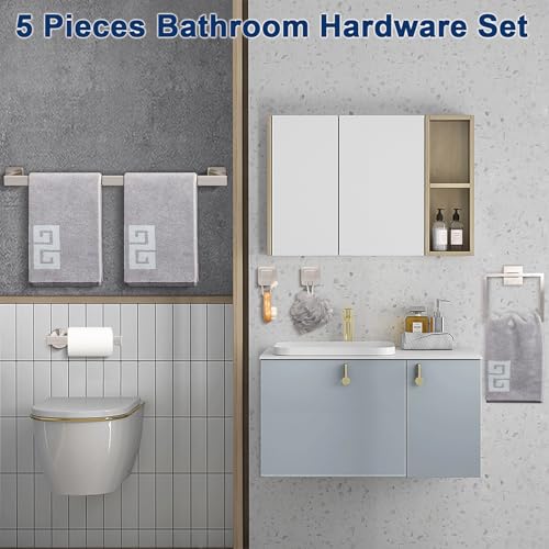 NearMoon 5 Pieces Bathroom Hardware Set 304 Stainless Steel, Square Towel Rack Kit - 24" Towel Rod + Towel Ring + Toilet Paper Holder + 2 Robe Hooks, Wall Mounted Bath Accessories (Brushed Nickel) - color: Brushed Nickel