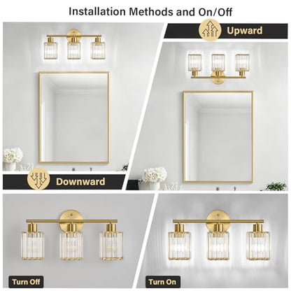 3 Light Bathroom Light Fixtures, Modern Crystal Vanity Lights over Mirror | Metal Frame, Bathroom Light with Square Crystal Shade, ETL Certified, E26 Ceramic Socket, Bulbs Not Included - color: Gold, size: 3-Light