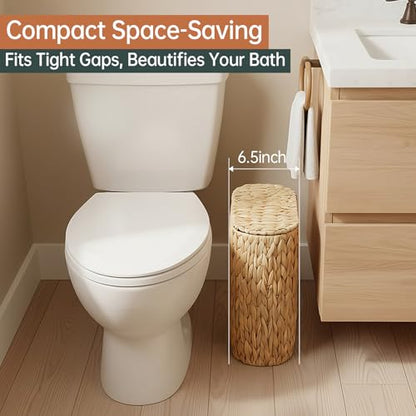 Coeusy Wicker Bathroom Trash Can with Lid,Narrow Rattan Waste Basket with Removable Liner Bucket,Slim Woven Water Hyacinth Garbage Can for Bedroom,Office,Small Spaces,3 Gallon - size: 3 Gallon