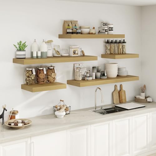Heimlove 12" Deep Oak Floating Shelves,Over Toilet Long Wall Mounted Modern Farmhouse 36 inches,Wall Shelves with Invisible Brackets for Bedroom, Bathroom, Living Room, Kitchen, Set of 1 - color: Oak, size: 35.4"W x 11.6"D x 2"H, 1 Pack