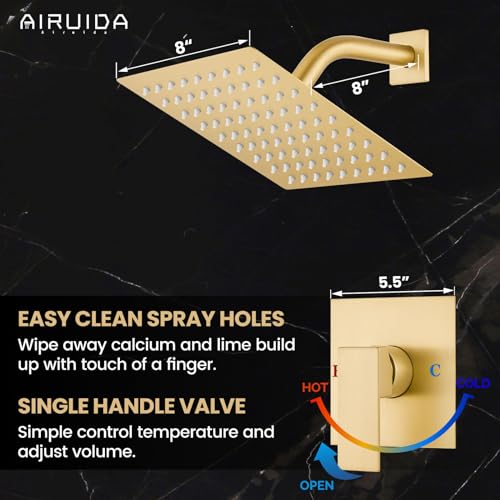 Airuida Shower Faucet Set,8 Inch Shower Valve Kit,Brushed Gold | Male Threads,Rough-in Valve Shower Trim Kit,Single Handle Control Shower Set - color: Brushed Gold, size: 8 Inch
