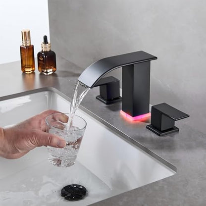 Bathroom Faucets 8 Inch Widespread Bathroom Sink Two Handles Matte Black Modern 3 Hole Waterfall Vanity Sink Faucet for 3 Hole with LED Light with Pop Up Drain - color: Matte Black