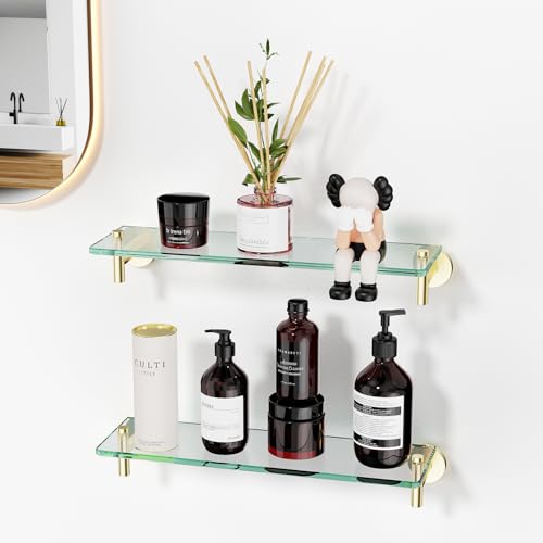 Glass Shelves for Bathroom,16-Inch Brushed Gold Floating Bathroom Shelf Stainless Steel Tempered Glass Shelf Modern Shelves wall Mounted - color: Brushed Gold, size: 16"without railing