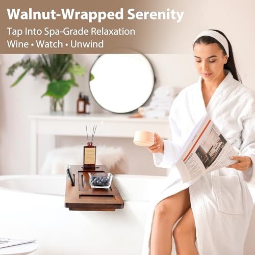 Wood Bathtub Tray Caddy - 35" Non-Slip Luxury Bath Board for Freestanding Tub - Premium Wood Bathtub Organizer with Wine Glass, Book & Phone Holder for Spa Relaxation, Gift Ideas
