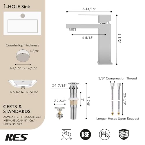 KES Bathroom Faucet Single Hole & Bathroom Sink Drain with Overflow, cUPC Certified Vanity Faucet Brushed Stainless Steel, L3156ALFF12-BS-C1 - color: Brushed Steel, style: w/ Drain (WITH Overflow) - Short Faucet