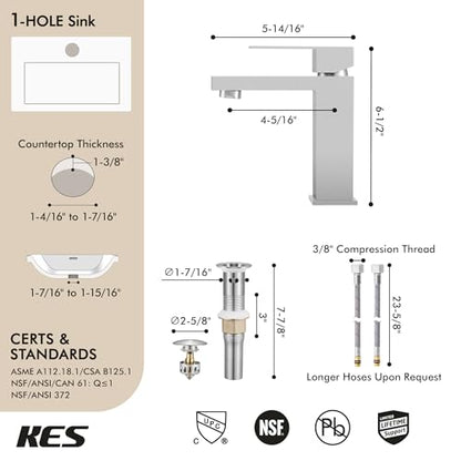 KES Bathroom Faucet Single Hole & Bathroom Sink Drain with Overflow, cUPC Certified Vanity Faucet Brushed Stainless Steel, L3156ALFF12-BS-C1 - color: Brushed Steel, style: w/ Drain (WITH Overflow) - Short Faucet