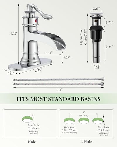 Bathroom Faucet Chrome Waterfall Bathroom Sink Faucets with Single Handle | Rustic Vanity Farmhouse RV Faucet Suitable for 1 or 3 Holes with Pop-up Drain Deck Plate Hose by Homevacious - color: Chrome