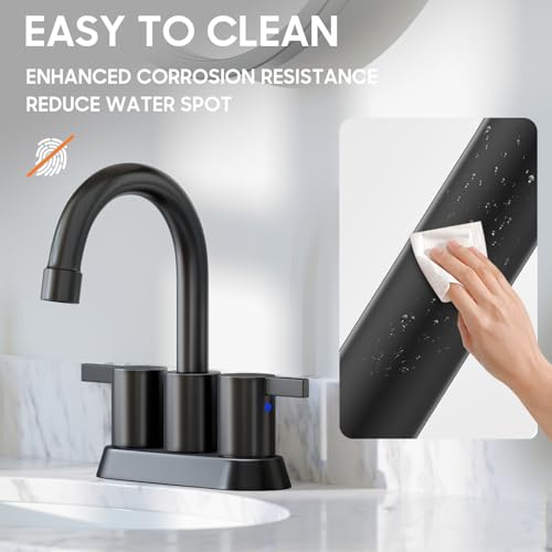 Phiestina 4 Inch 2 Handle Centerset Matte Black Lead-Free Modern Bathroom Faucet, 360 Swivel Spout 2-3 Hole RV Bathroom Vanity Sink Faucet with Pop Up Drain and Water Supply Lines,BF015-1-MB - color: Matte Black