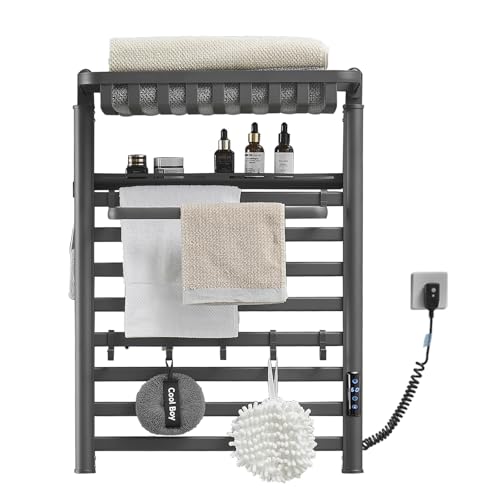 Wall Mounted Heated Towel Warmer Rack for Bathroom, Matching 8-Grid Electric Towel Warmer and 5 Hooks Auto Shut-Off Timer, LED Display Panel, for Bathroom Shower Hot Tub (Black)