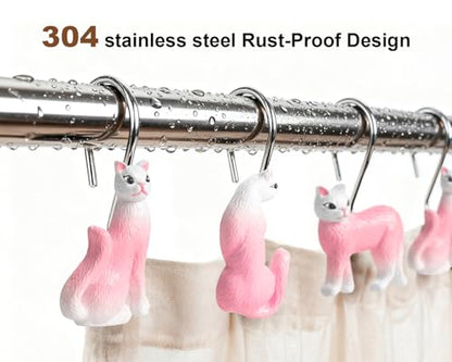 Pink Cat Shower Curtain Hooks Set of 12, Hand-Painted Resin Cat Shower Hooks with Rust-Resistant Metal Rings, Cute Bathroom Accessories - color: Pink