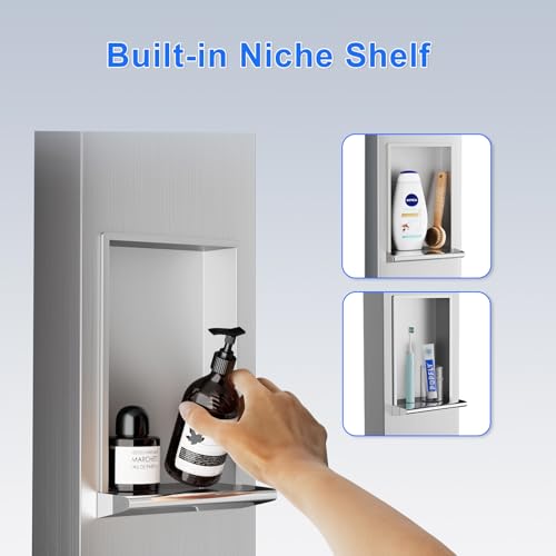 POPFLY Shower Panel Tower System with 8-inch Rainfall Shower and Shelf | Adjustable Shower Arm Height Rainfall Head, 6 Body Jets and 5-Setting Handheld Shower, Brushed Nickel, Stainless Steel - color: 6 Jets with Shelf-Brushed