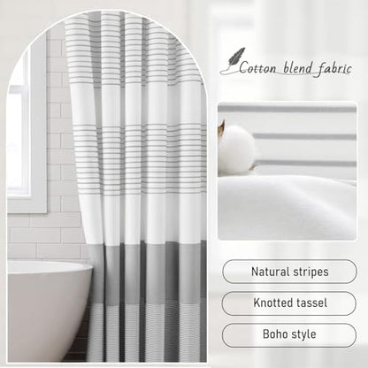 Grey Farmhouse Cotton Striped Shower Curtain with Tassel 72"W X 84"L | Boho Farmhouse Shower Curtains for Bathroom with Soft Cotton Feel - color: Grey, size: 72"W x 84"L