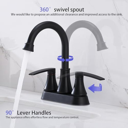 Lead-Free Matte Black Bathroom Sink Faucet, 2 Handle 4 Inch Centerset Faucet, Modern 360° Swivel High-Arc Spout Bath Lavatory Vanity Faucets for Sinks with Drain & Water Hoses, VALZST049B - color: Matte Black