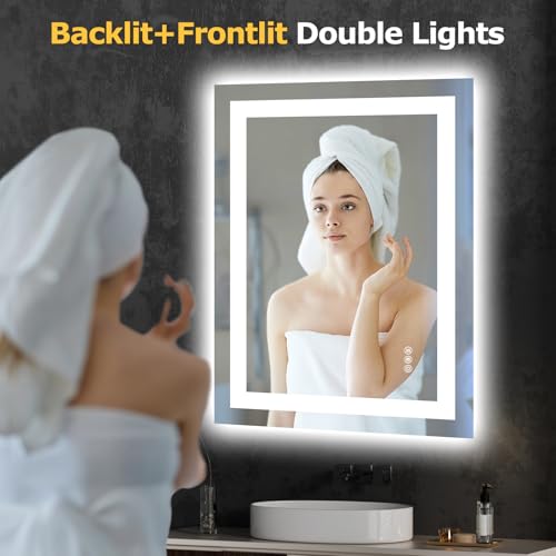 Hivone 24"X32" LED Bathroom Mirror with Lights, Anti-Fog, Dimmable, Backlit + Front Lit, Smart Bathroom Vanity Mirror, Memory Function, Shatterproof, Tempered Glass (Horizontal/Vertical) - size: 24"L x 32"W