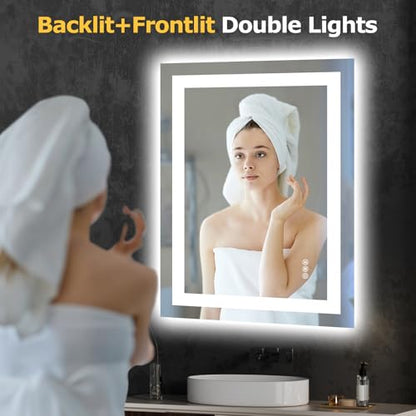 Hivone 24"X32" LED Bathroom Mirror with Lights, Anti-Fog, Dimmable, Backlit + Front Lit, Smart Bathroom Vanity Mirror, Memory Function, Shatterproof, Tempered Glass (Horizontal/Vertical) - size: 24"L x 32"W
