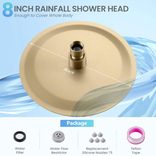 Brushed Gold Round Rainfall Shower Head, All Metal Stainless Steel Rain Shower Heads with 90 Anti-Clog Silicone Nozzles, Wall or Ceiling Mount, 8 inch - color: Brushed Gold, size: 8 Inch