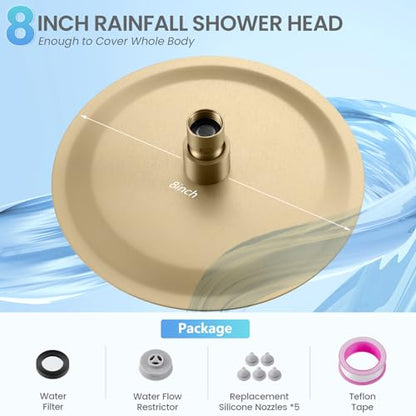 Brushed Gold Round Rainfall Shower Head, All Metal Stainless Steel Rain Shower Heads with 90 Anti-Clog Silicone Nozzles, Wall or Ceiling Mount, 8 inch - color: Brushed Gold, size: 8 Inch