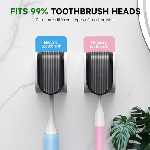 2 Pcs Toothbrush Holders Wall Mounted, Single Slot Design, Shower Self Adhesive Wall Mounted Toothbrush Holder with Cover, Waterproof and Dustproof, Suitable for Bathroom, Family, Travel (Grey) - color: 2pcs-grey