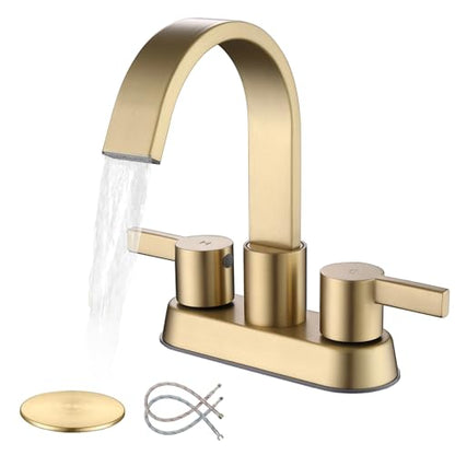 Gold Bathroom Faucet Centerset, 4 Inch Bathroom Sink Faucet 3 Hole | Waterfall Spout, 360 Degree Swivel, with Overflow Pop up Drain, Brushed Gold Bathroom Faucet - color: Brushed Gold