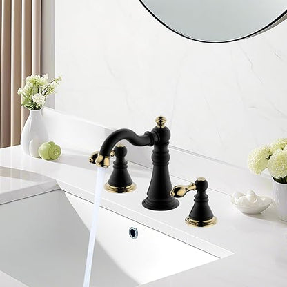 Matte Black with Brass 2-Handle 8 Inch Widespread Bathroom Faucet, 3 Holes | Derengge Traditional Widespread Sink Faucet, With Pop-Up Drain 360° Swivel Stainless Steel Spout, F-8805-MG - color: Matte Black with Polished Brass Trim