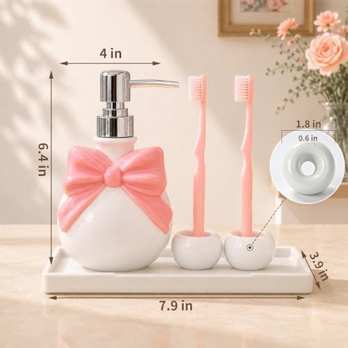 Pink Bathroom Accessories Ceramic Pink Bow Bathroom Set for Bathroom Vanity - Includes Tray, Soap Pump, Toothbrush Holder - color: Pink