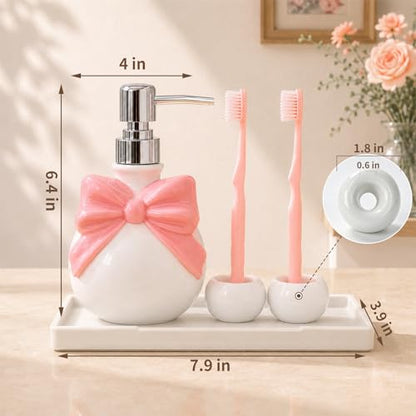 Pink Bathroom Accessories Ceramic Pink Bow Bathroom Set for Bathroom Vanity - Includes Tray, Soap Pump, Toothbrush Holder - color: Pink