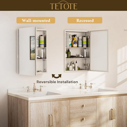 TETOTE 14 x 18 Medicine Cabinet with Tempered Beveled Mirror Silver Aluminum Cabinet DTC Hinges, 2 Stepless Adjustable Shelves, Recessed/Surface-Mounted - color: Silver, size: 18"L x 14"W