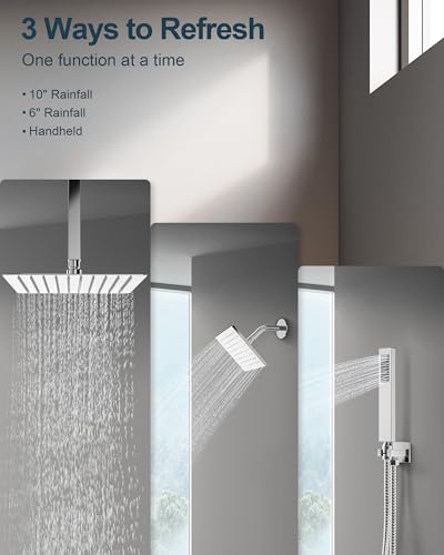 Polished Chrome 3-Function Shower System with 10" Rainfall & 6" Secondary Shower Head, Handheld Combo Set, Wall Mounted cUPC Certified Pressure Balance Valve - color: Polished Chrome
