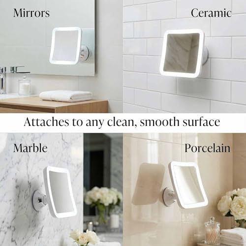Fancii Rechargeable 10x Magnifying Mirror with 3 LED Light Settings, Dimmable Touch Light, Cordless, Locking Suction Mount, Lighted Mirror for Bathroom or Travel, Mira 2 (White)