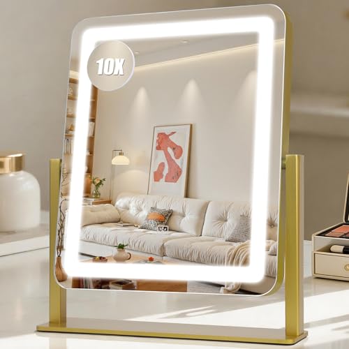 Rechargeable Vanity Mirror with Lights, 3000mAH Battery, 15"×12.2" LED Makeup Mirror, 10X Magnification, Smart Touch with 3-Color Lighting, 360° Rotation, Lighted Up for Makeup Desk, Bedroom (Gold) - color: Gold, size: 15"L x 12.2"W