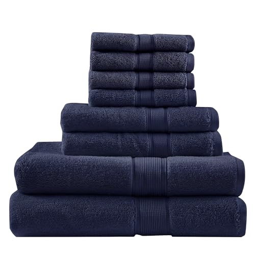 Madison Park 800GSM 100% Cotton Bathroom Bath Towel Set of 8, Dark Navy | Long Staple, Highly Absorbent, Durable Hotel Spa Quality, Quick Dry, Double Stitched Hems, Lint Reducing, OEKO-TEX Certified - color: Dark Navy, size: Multi-Sizes