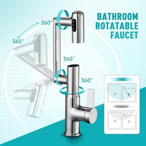 Rotatable Bathroom Faucet with Temperature Display in Fahrenheit(Batteries-Free), Height Adjustable Sink Smart Faucet with 3 Water Settings for Bathroom RV Lavatory Vanity Sink, LCF-2401, Chrome - color: Chrome - Fahrenheit