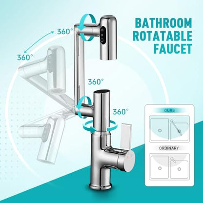 Rotatable Bathroom Faucet with Temperature Display in Fahrenheit(Batteries-Free), Height Adjustable Sink Smart Faucet with 3 Water Settings for Bathroom RV Lavatory Vanity Sink, LCF-2401, Chrome - color: Chrome - Fahrenheit