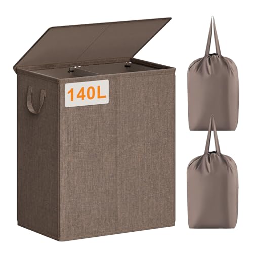 Chrislley Double Laundry Hamper with Lid, 140L Laundry Basket 2 Section | Large Dirty Clothes Hamper 2 Compartments with Removable Liner Bags & Handles, Collapsible Storage for Bedroom, Doom, Brown - color: Brown, size: 140l(24.0"l X 14.2"w X 25.2"h)
